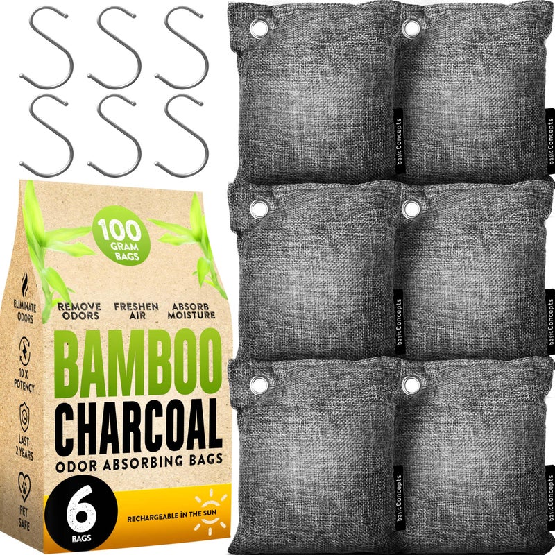 BASIC CONCEPTS Charcoal Odor Absorber for Strong Odor (6 Pack, 100g each), Bamboo Charcoal Air Purifying Bag, Basement Musty Odor Eliminator Deodorizer, Activated Charcoal Odor Absorber for Closet, Shoe, Car - Image 1